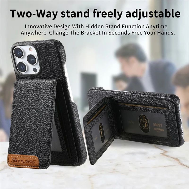 For iPhone 16 Pro Max Case RFID Blocking Card Holder Litchi Texture Leather Back Cover - Black