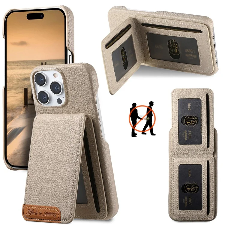 For iPhone 16 Pro Case RFID Blocking Card Holder Litchi Texture Leather Back Cover - Khaki