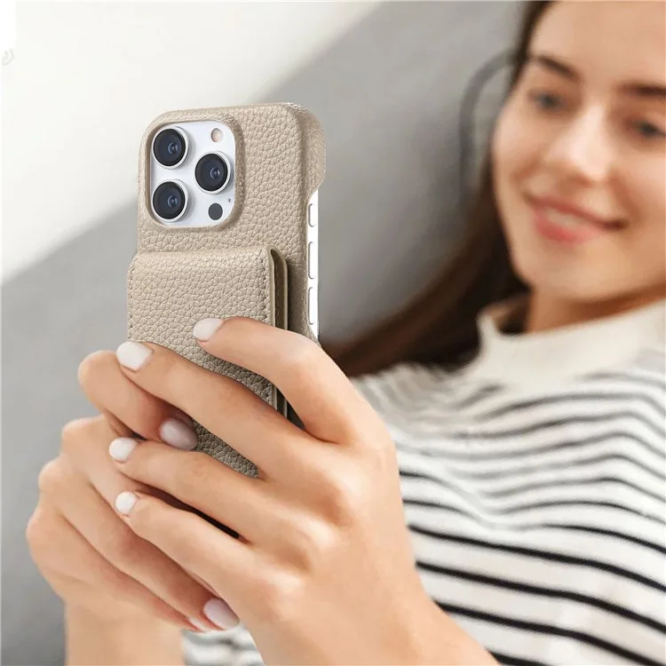 For iPhone 16 Pro Case RFID Blocking Card Holder Litchi Texture Leather Back Cover - Khaki
