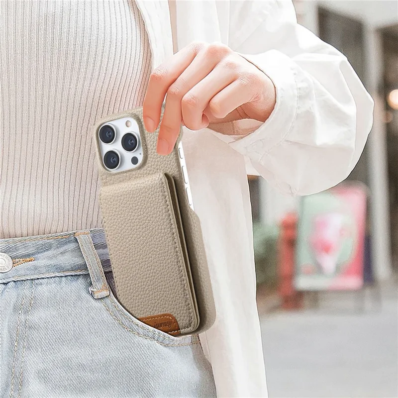 For iPhone 16 Pro Case RFID Blocking Card Holder Litchi Texture Leather Back Cover - Khaki