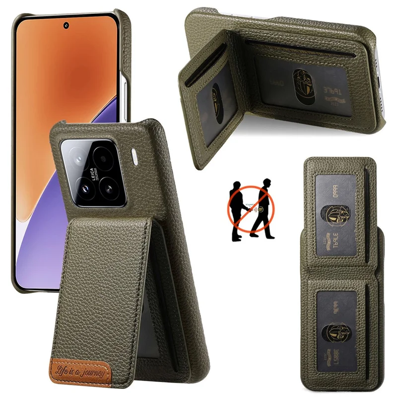 For Xiaomi 15 Case RFID Blocking Card Holder Litchi Texture Leather Back Cover - Midnight Green