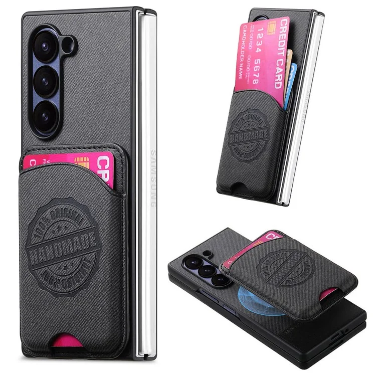 For Samsung Galaxy Z Fold6 5G Case Compatible with MagSafe Denim Texture Leather Back Cover with Card Bag - Black