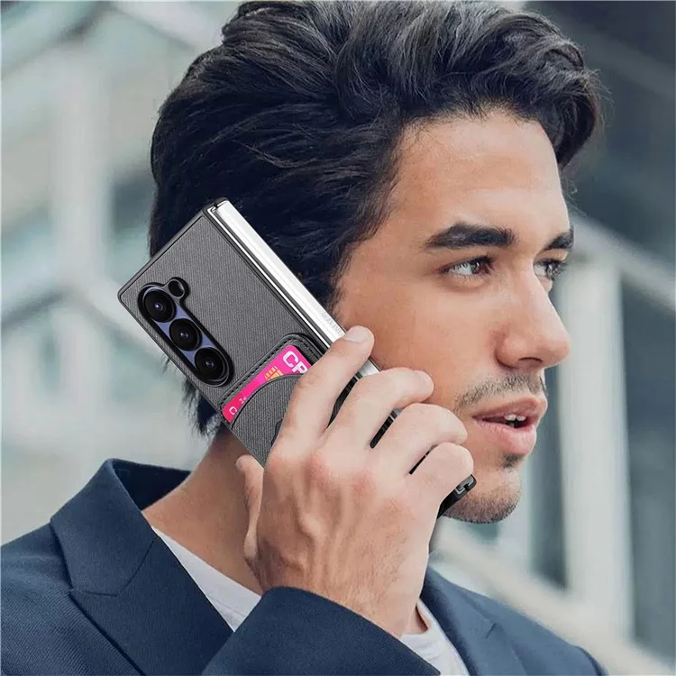For Samsung Galaxy Z Fold6 5G Case Compatible with MagSafe Denim Texture Leather Back Cover with Card Bag - Black