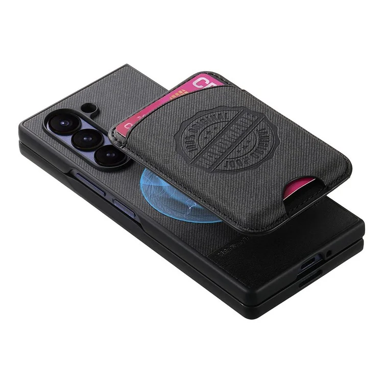 For Samsung Galaxy Z Fold6 5G Case Compatible with MagSafe Denim Texture Leather Back Cover with Card Bag - Black