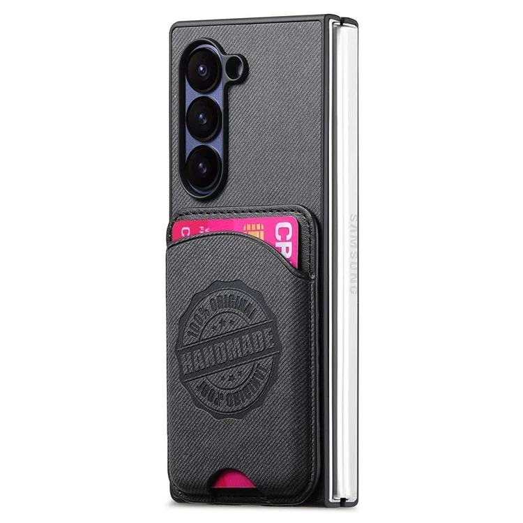 For Samsung Galaxy Z Fold6 5G Case Compatible with MagSafe Denim Texture Leather Back Cover with Card Bag - Black