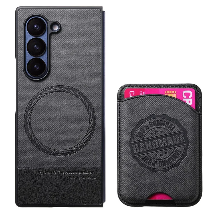 For Samsung Galaxy Z Fold6 5G Case Compatible with MagSafe Denim Texture Leather Back Cover with Card Bag - Black