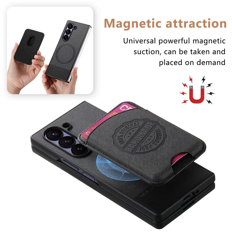 For Samsung Galaxy Z Fold6 5G Case Compatible with MagSafe Denim Texture Leather Back Cover with Card Bag - Black
