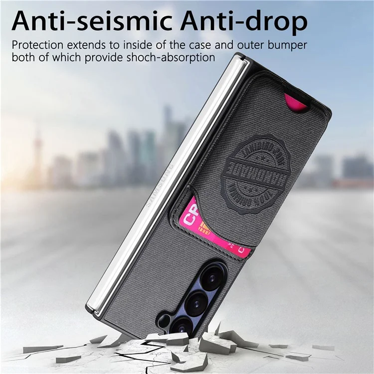 For Samsung Galaxy Z Fold6 5G Case Compatible with MagSafe Denim Texture Leather Back Cover with Card Bag - Black