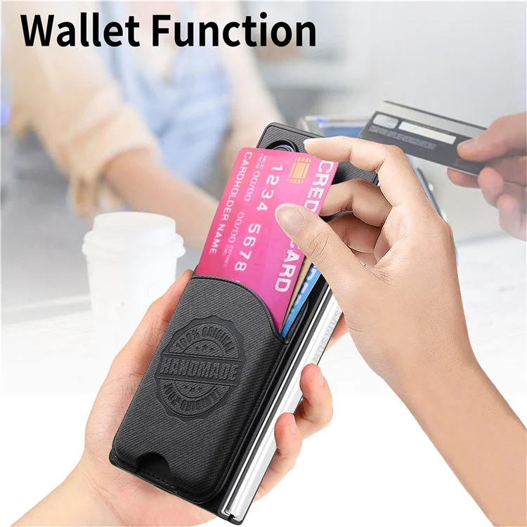 For Samsung Galaxy Z Fold6 5G Case Compatible with MagSafe Denim Texture Leather Back Cover with Card Bag - Black