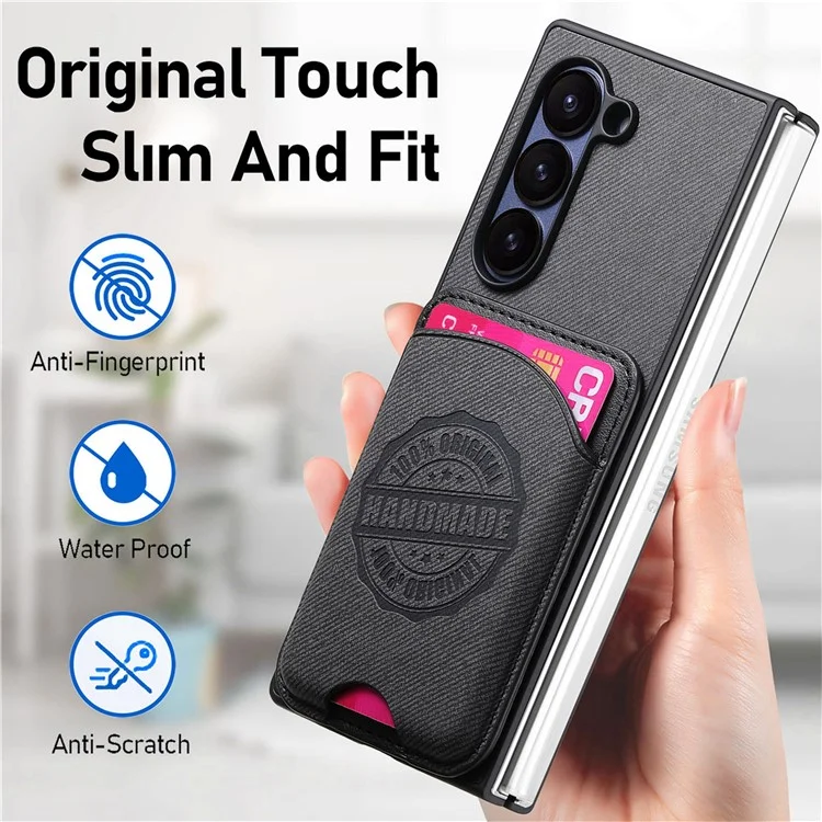 For Samsung Galaxy Z Fold6 5G Case Compatible with MagSafe Denim Texture Leather Back Cover with Card Bag - Black