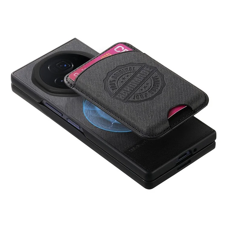 For Honor Magic V3 5G Case Compatible with MagSafe Denim Texture Leather Back Cover with Card Bag - Black