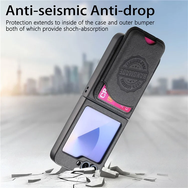 For Samsung Galaxy Z Flip6 5G Case Compatible with MagSafe Denim Texture Leather Back Cover with Card Bag - Black