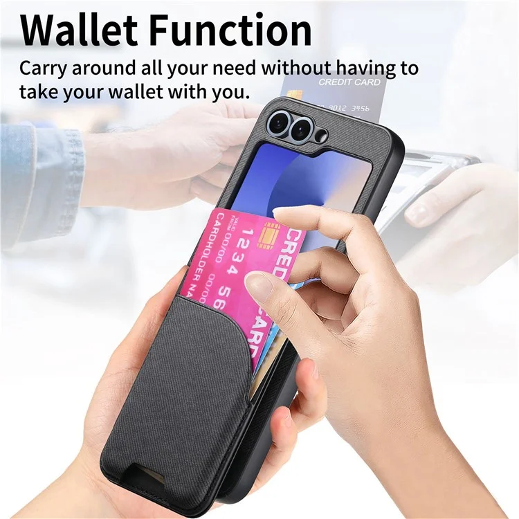 For Samsung Galaxy Z Flip6 5G Case Compatible with MagSafe Denim Texture Leather Back Cover with Card Bag - Black