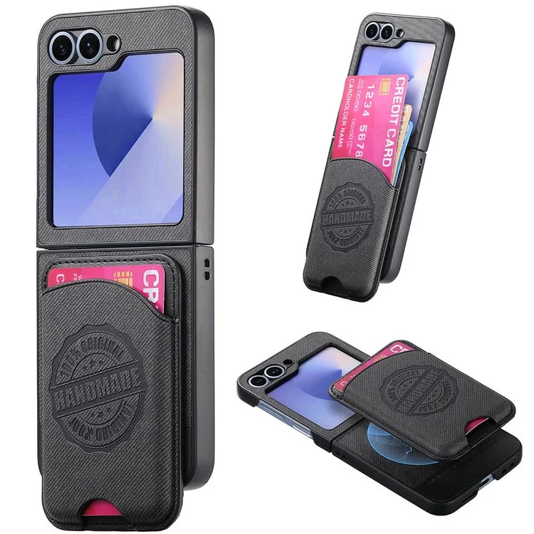 For Samsung Galaxy Z Flip5 5G Case Compatible with MagSafe Denim Texture Leather Back Cover with Card Bag - Black