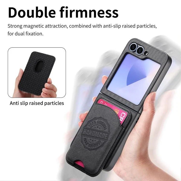 For Samsung Galaxy Z Flip5 5G Case Compatible with MagSafe Denim Texture Leather Back Cover with Card Bag - Black
