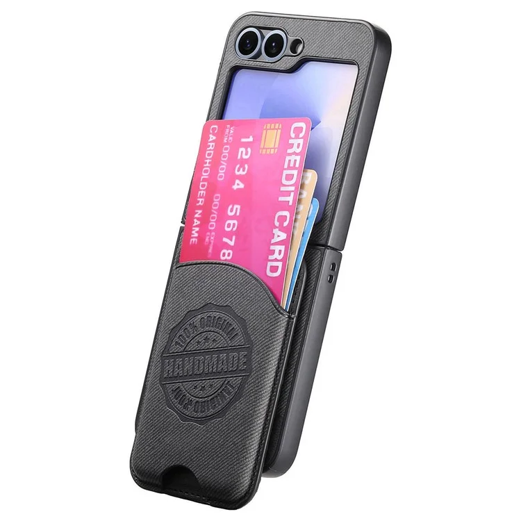 For Samsung Galaxy Z Flip5 5G Case Compatible with MagSafe Denim Texture Leather Back Cover with Card Bag - Black