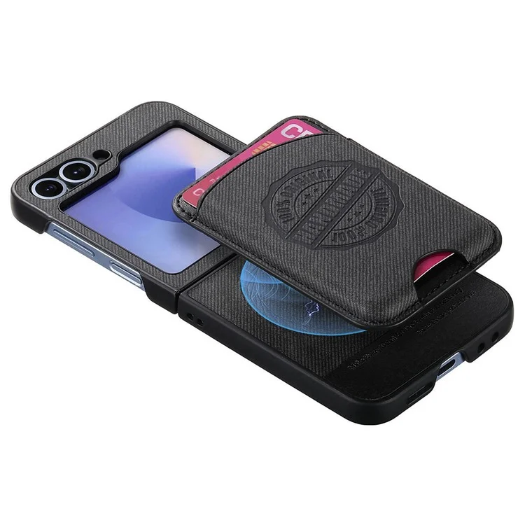 For Samsung Galaxy Z Flip5 5G Case Compatible with MagSafe Denim Texture Leather Back Cover with Card Bag - Black