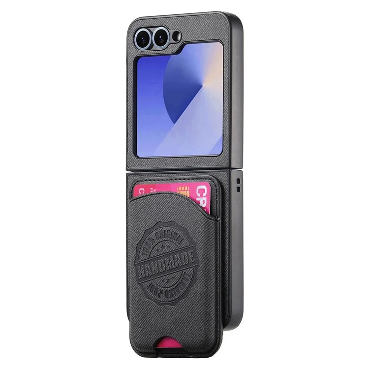 For Samsung Galaxy Z Flip5 5G Case Compatible with MagSafe Denim Texture Leather Back Cover with Card Bag - Black
