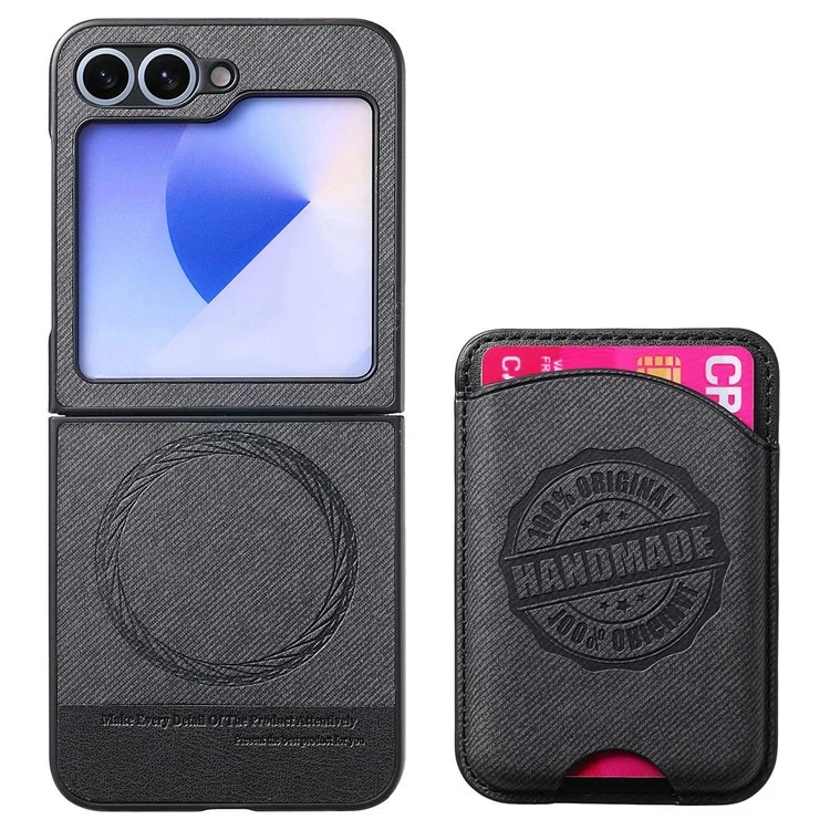 For Samsung Galaxy Z Flip5 5G Case Compatible with MagSafe Denim Texture Leather Back Cover with Card Bag - Black