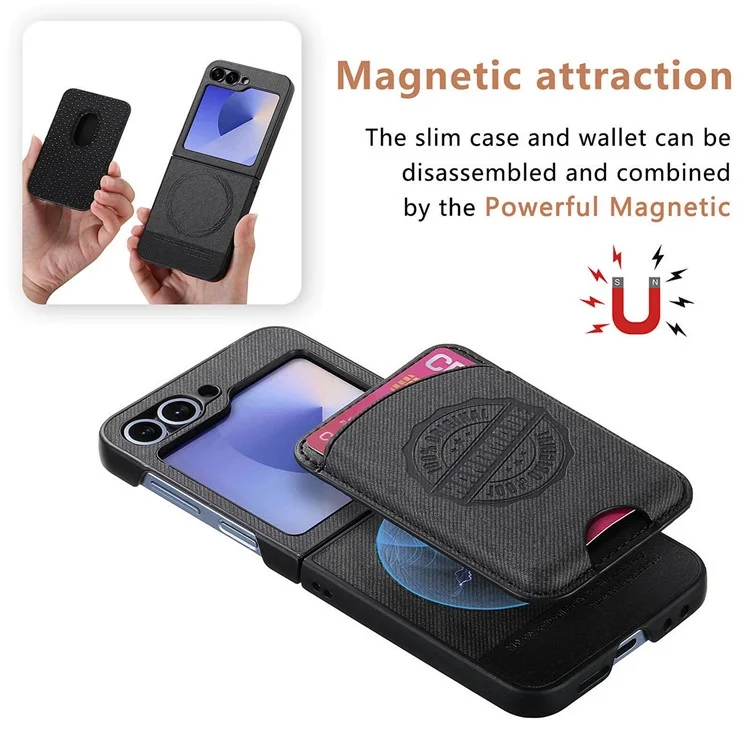 For Samsung Galaxy Z Flip5 5G Case Compatible with MagSafe Denim Texture Leather Back Cover with Card Bag - Black