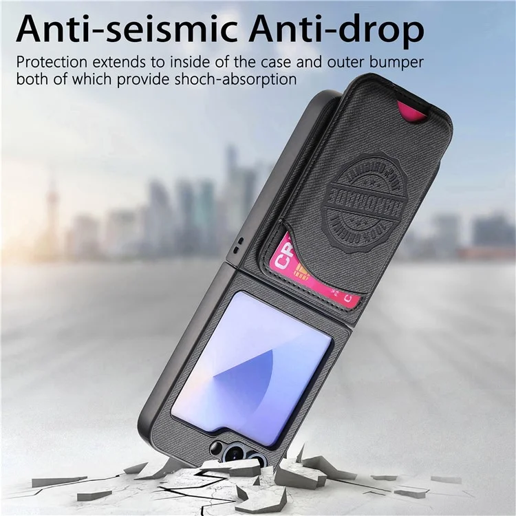 For Samsung Galaxy Z Flip5 5G Case Compatible with MagSafe Denim Texture Leather Back Cover with Card Bag - Black