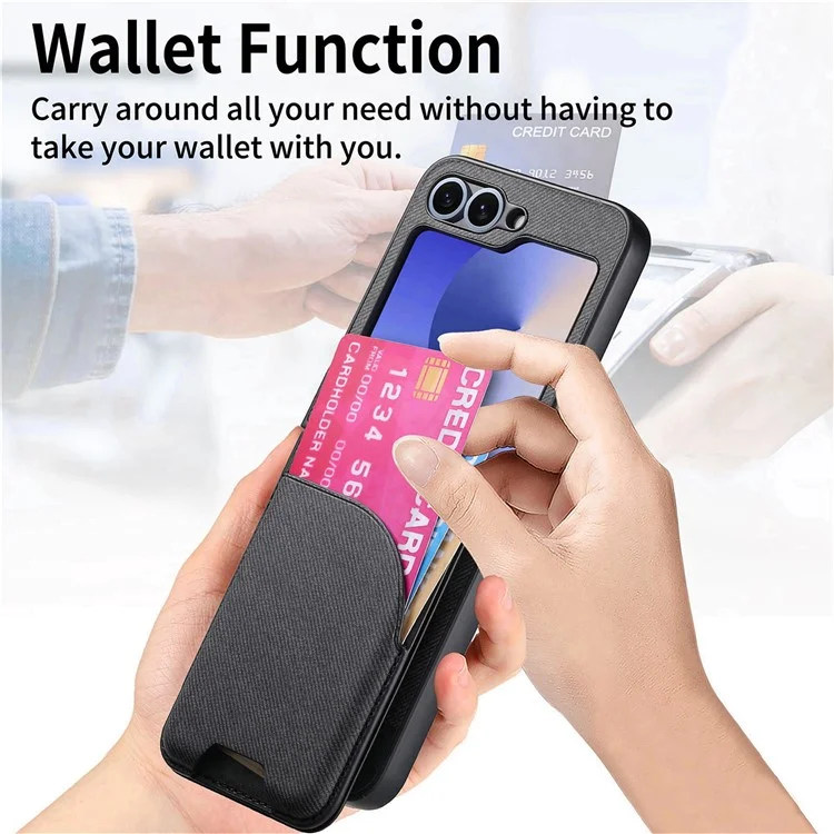For Samsung Galaxy Z Flip5 5G Case Compatible with MagSafe Denim Texture Leather Back Cover with Card Bag - Black