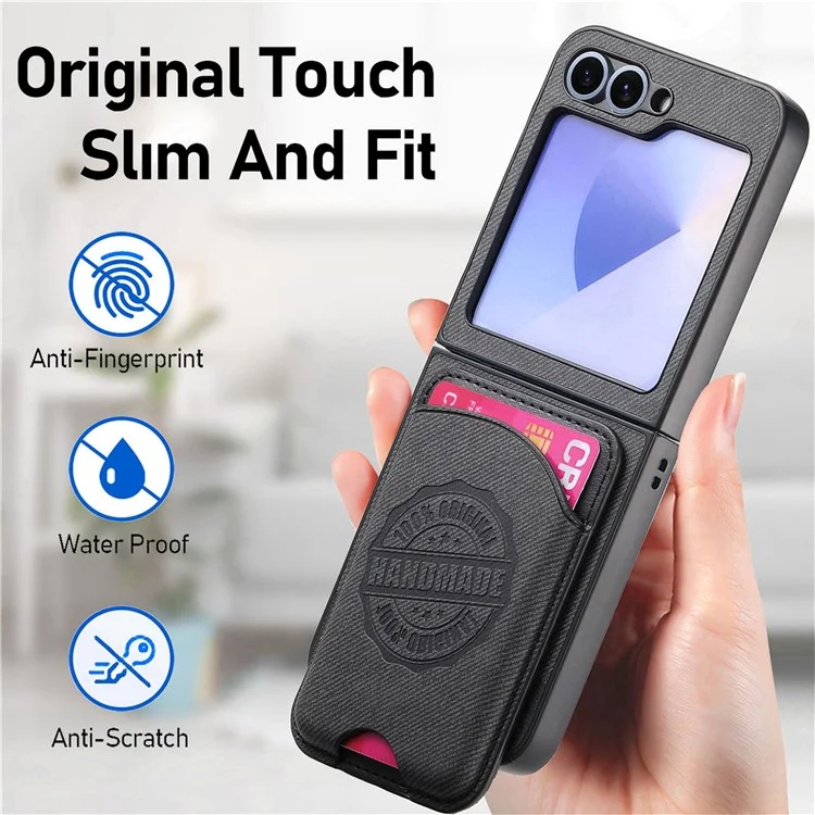 For Samsung Galaxy Z Flip5 5G Case Compatible with MagSafe Denim Texture Leather Back Cover with Card Bag - Black