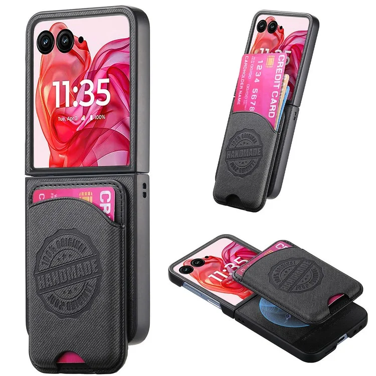 For Motorola Razr 50 Ultra 5G Case Compatible with MagSafe Denim Texture Leather Back Cover with Card Bag - Black