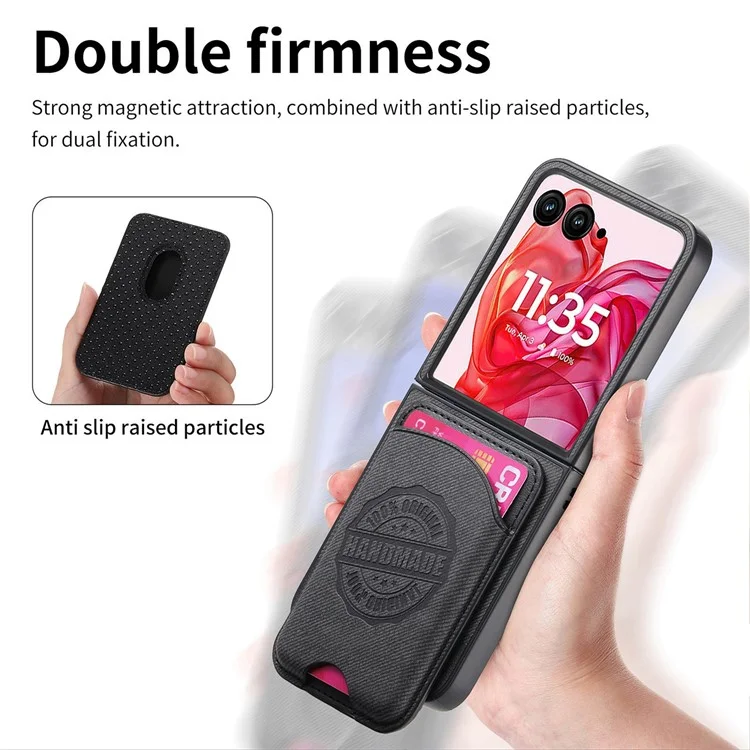 For Motorola Razr 50 Ultra 5G Case Compatible with MagSafe Denim Texture Leather Back Cover with Card Bag - Black