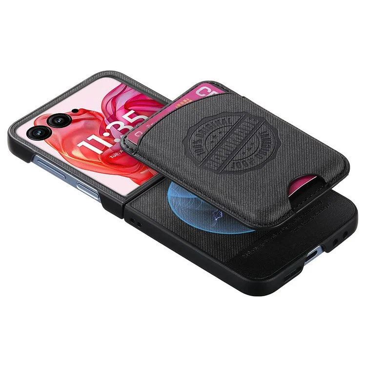 For Motorola Razr 50 Ultra 5G Case Compatible with MagSafe Denim Texture Leather Back Cover with Card Bag - Black