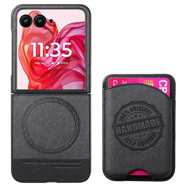 For Motorola Razr 50 Ultra 5G Case Compatible with MagSafe Denim Texture Leather Back Cover with Card Bag - Black