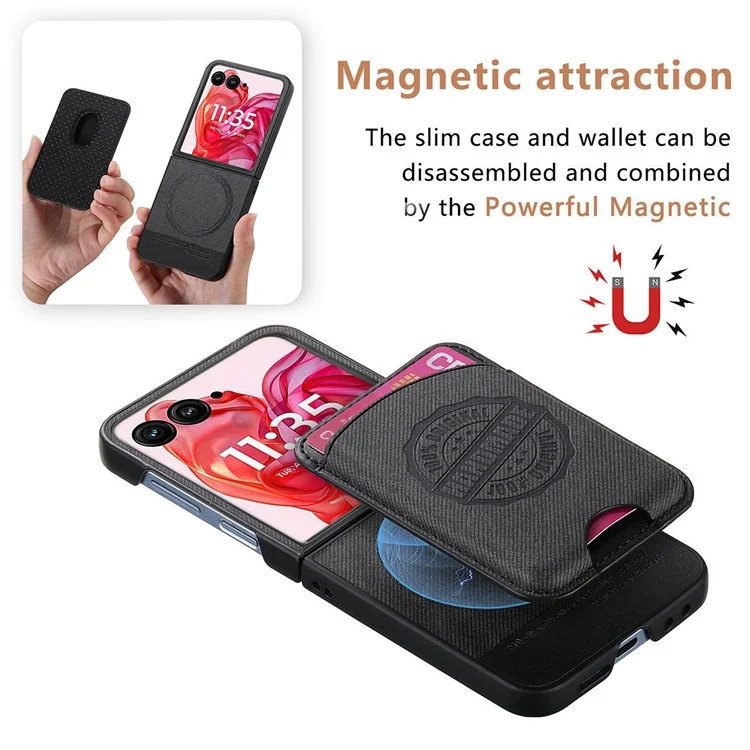 For Motorola Razr 50 Ultra 5G Case Compatible with MagSafe Denim Texture Leather Back Cover with Card Bag - Black