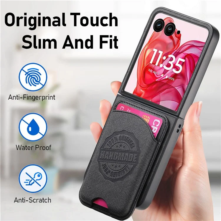 For Motorola Razr 50 Ultra 5G Case Compatible with MagSafe Denim Texture Leather Back Cover with Card Bag - Black