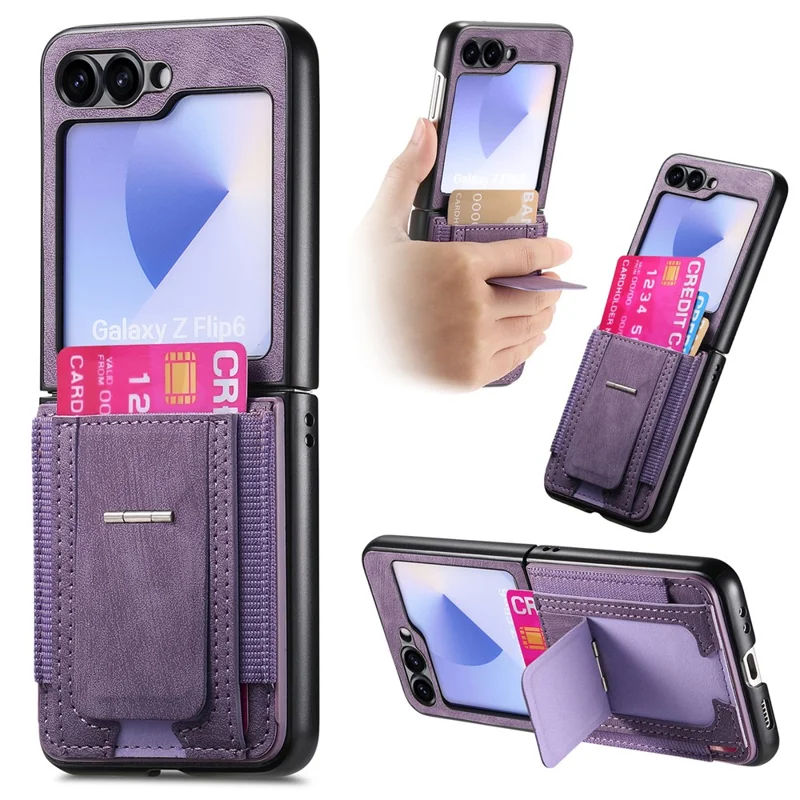 For Samsung Galaxy Z Flip7 FE 5G / Z Flip6 5G Case Kickstand Retro Leather Back Cover with Card Holder - Purple