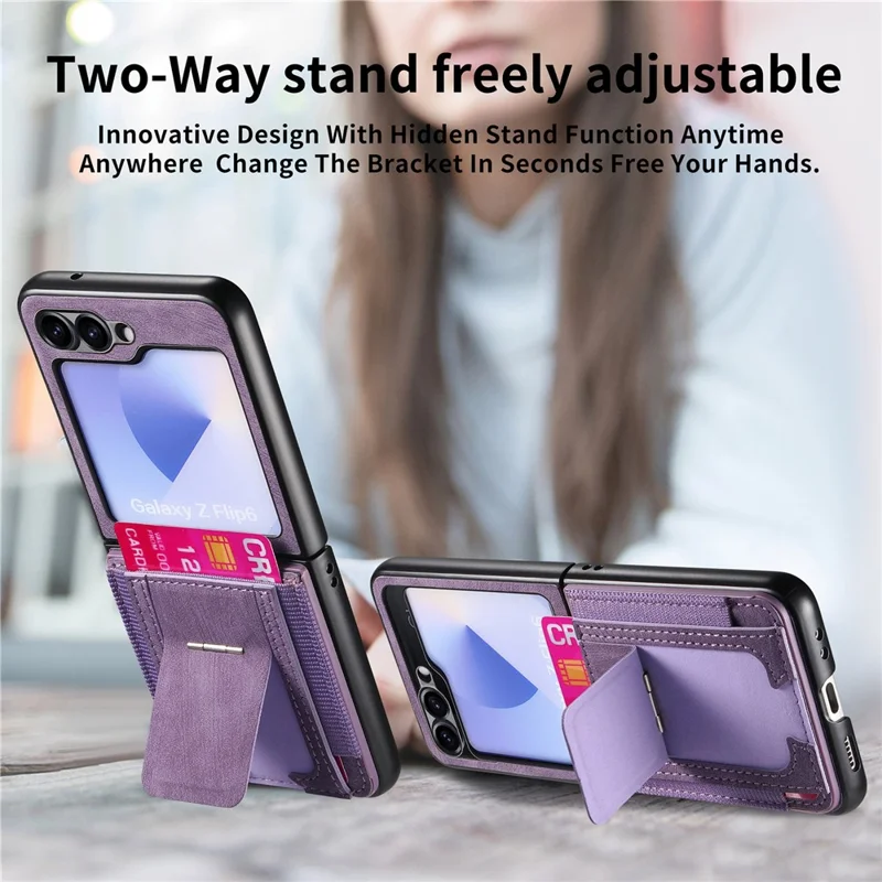 For Samsung Galaxy Z Flip7 FE 5G / Z Flip6 5G Case Kickstand Retro Leather Back Cover with Card Holder - Purple