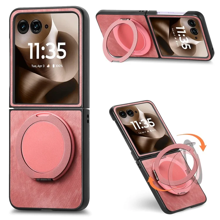 Cover per Motorola Razr 60 Ultra con Supporto Rotante Antistress, Retro in Pelle - Rosa
