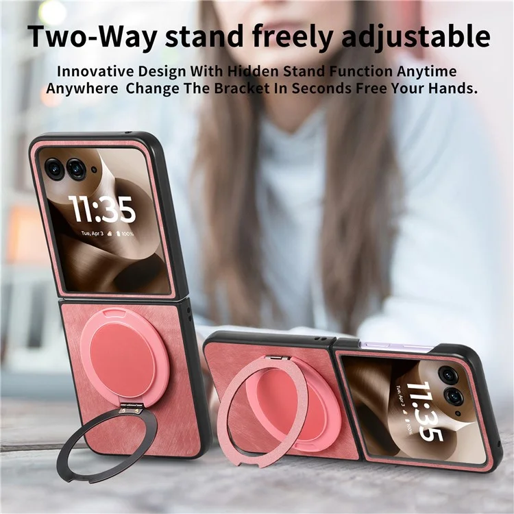 Cover per Motorola Razr 60 Ultra con Supporto Rotante Antistress, Retro in Pelle - Rosa