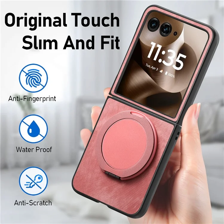 Cover per Motorola Razr 60 Ultra con Supporto Rotante Antistress, Retro in Pelle - Rosa