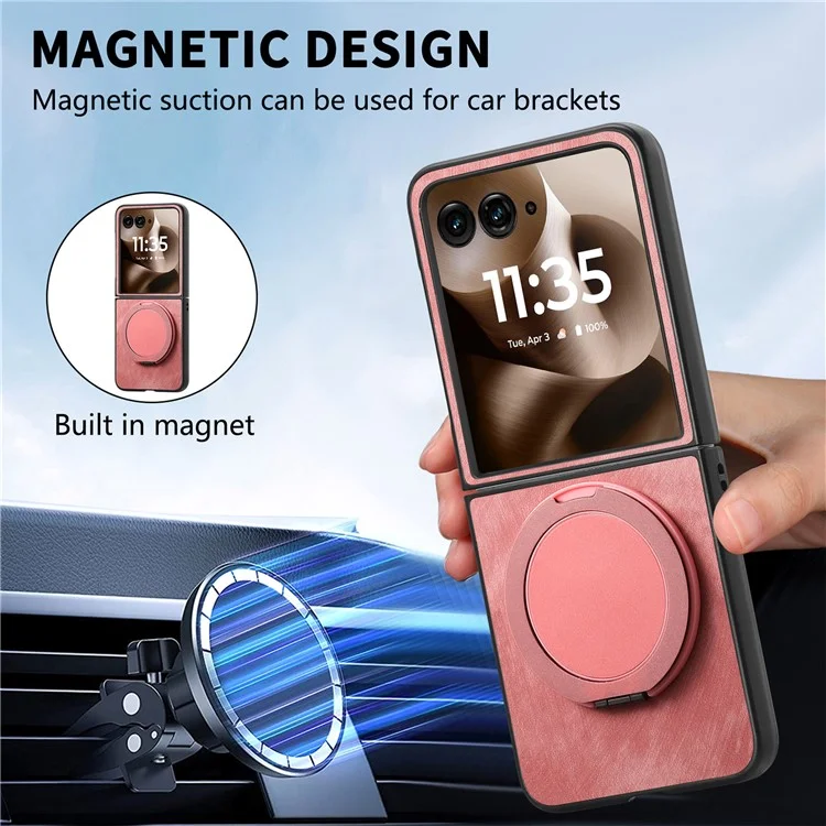 Cover per Motorola Razr 60 Ultra con Supporto Rotante Antistress, Retro in Pelle - Rosa
