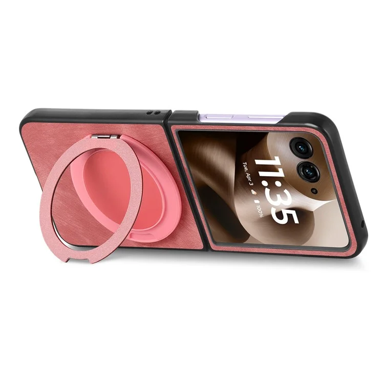 Cover per Motorola Razr 60 Ultra con Supporto Rotante Antistress, Retro in Pelle - Rosa
