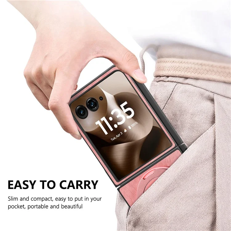 Cover per Motorola Razr 60 Ultra con Supporto Rotante Antistress, Retro in Pelle - Rosa