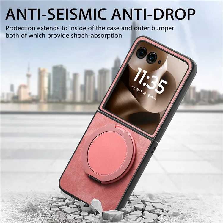 Cover per Motorola Razr 60 Ultra con Supporto Rotante Antistress, Retro in Pelle - Rosa
