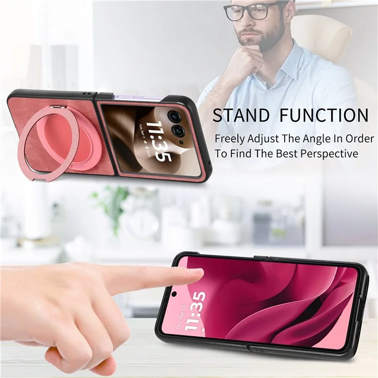 Cover per Motorola Razr 60 Ultra con Supporto Rotante Antistress, Retro in Pelle - Rosa