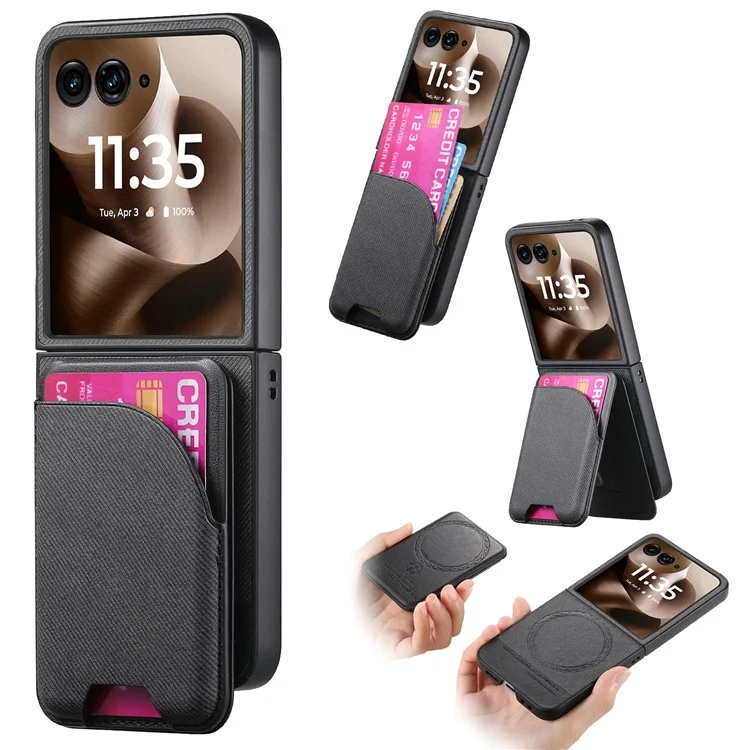 For Motorola Razr 60 Ultra 5G Magnetic Case Kickstand Denim Texture Leather Back Cover with Detachable Card Bag - Black