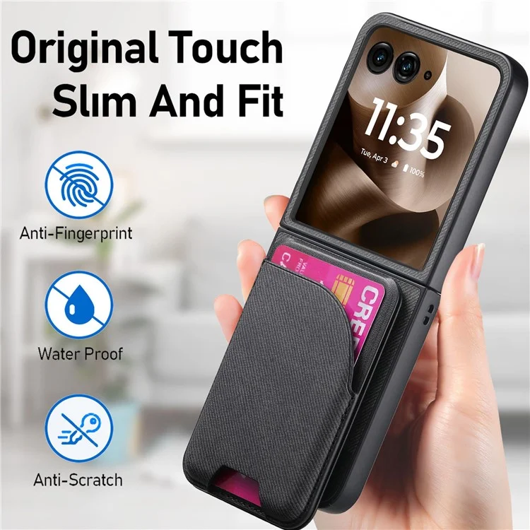 For Motorola Razr 60 Ultra 5G Magnetic Case Kickstand Denim Texture Leather Back Cover with Detachable Card Bag - Black