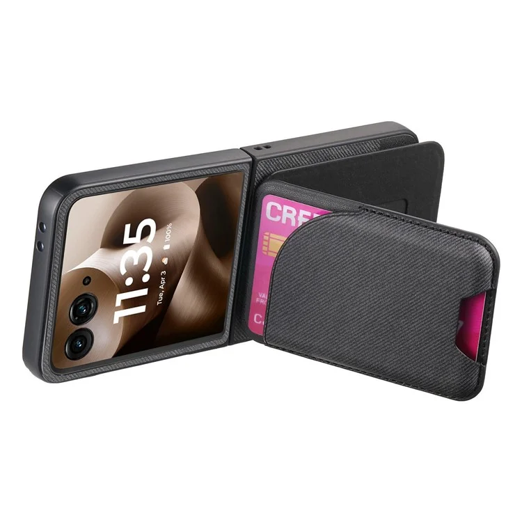 For Motorola Razr 60 Ultra 5G Magnetic Case Kickstand Denim Texture Leather Back Cover with Detachable Card Bag - Black
