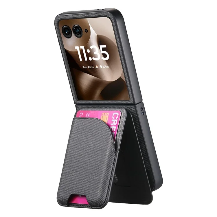 For Motorola Razr 60 Ultra 5G Magnetic Case Kickstand Denim Texture Leather Back Cover with Detachable Card Bag - Black