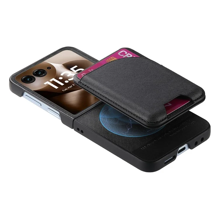 For Motorola Razr 60 Ultra 5G Magnetic Case Kickstand Denim Texture Leather Back Cover with Detachable Card Bag - Black