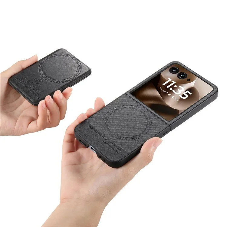 For Motorola Razr 60 Ultra 5G Magnetic Case Kickstand Denim Texture Leather Back Cover with Detachable Card Bag - Black