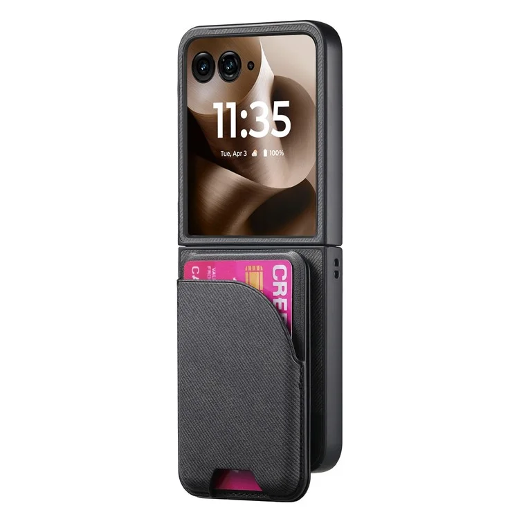 For Motorola Razr 60 Ultra 5G Magnetic Case Kickstand Denim Texture Leather Back Cover with Detachable Card Bag - Black